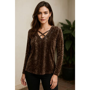 Women's Democracy Brown Velvet Long Sleeve Tee with Blue Print, Size S